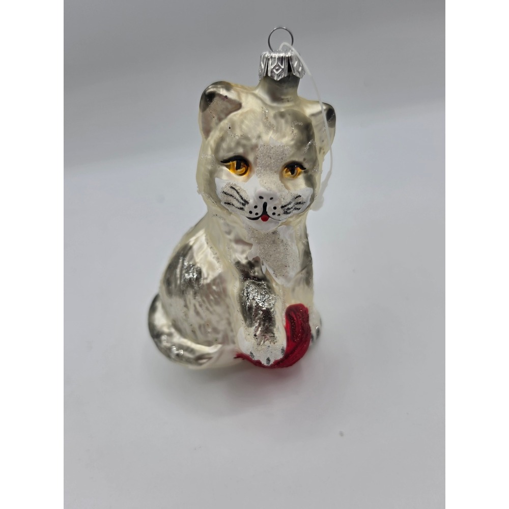 Vintage Style Blown Glass Cat with Red Yarn Christmas Ornament Silver Glitter